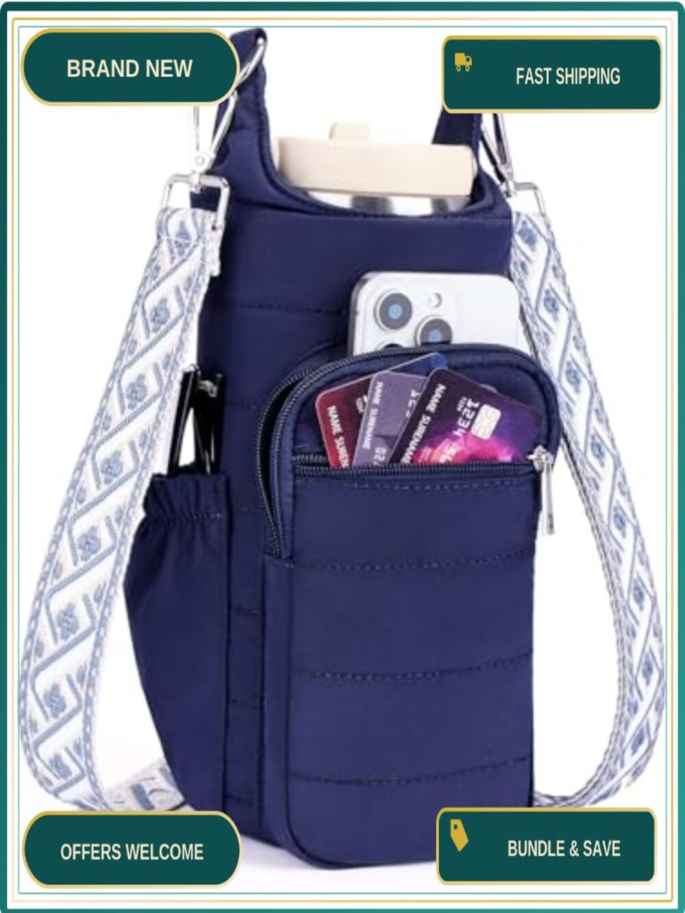 Insulated Crossbody Water Bottle Bag Hands-Free Carrier Adjustable Strap